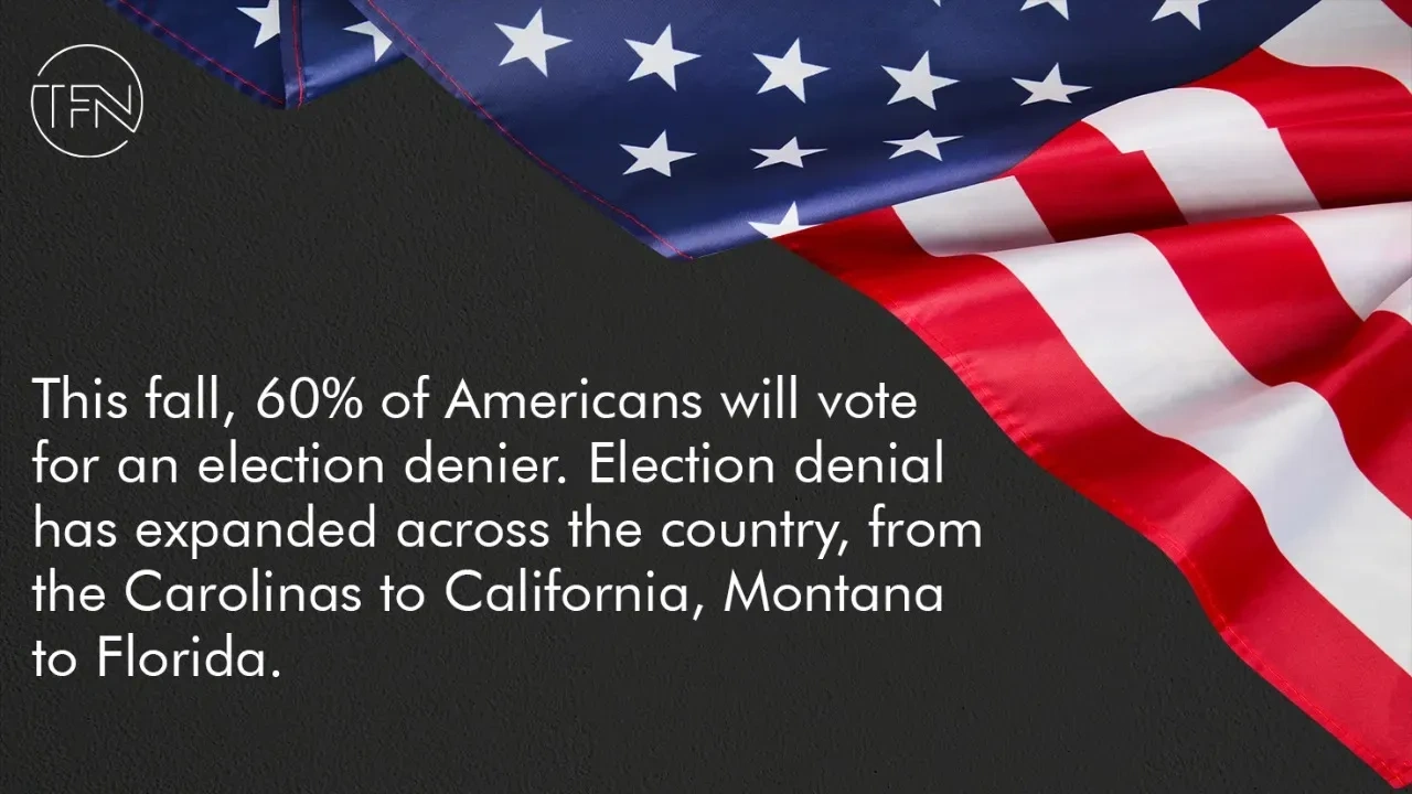 This fall, 60% of Americans will vote for an election denier. Election denial has expanded across the country, from the Carolinas to California, Montana to Florida.